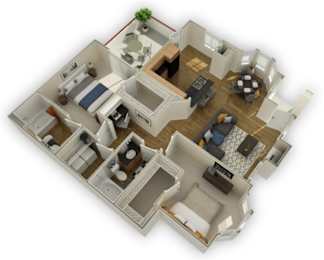 A 3D floor plan of a house with a red line indicating the perimeter.