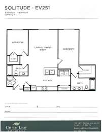 A floor plan for a 2 bedroom, 2 bathroom apartment.