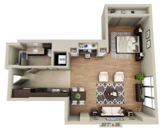 A 207 x 26 inch floor plan of a house with a kitchen, living room, and two bedrooms.