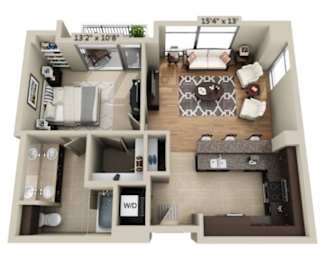 A floor plan of a small apartment with a living room, kitchen, and bathroom.