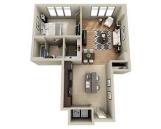 A top down view of a living room, kitchen, and dining area.