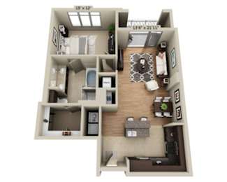 A floor plan of a small apartment with a kitchen, living room, and bathroom.