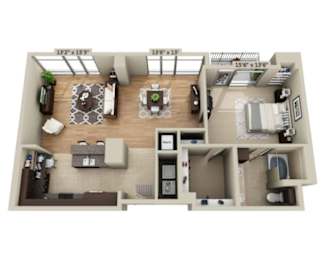 A floor plan of a house with a living room, dining room, kitchen, and two bedrooms.