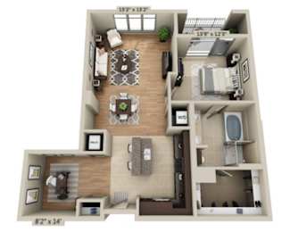 A 3D floor plan of a two-bedroom apartment with dimensions and a living room area.