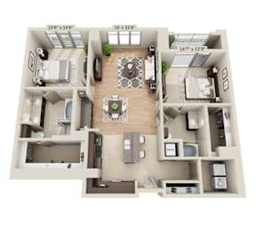 A 3D floor plan of a two-bedroom apartment with dimensions and measurements.