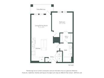 A drawing of a house layout with a living and dining room, kitchen, bathroom, and bedroom.