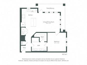 A floor plan of a small apartment with a kitchen, living room, and bathroom.