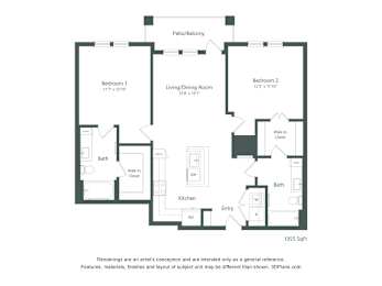 A floor plan of a 1055 square foot apartment with two bedrooms, a living/dining room, a kitchen, and a bathroom.