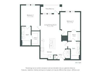 A floor plan of a 1051 square foot apartment with two bedrooms, a living room, a kitchen, a bath, and a patio/balcony.