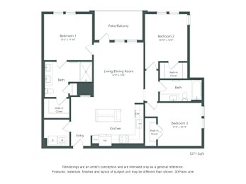A floor plan of a house with three bedrooms, a living/dining room, a kitchen, a bath, and an entry.