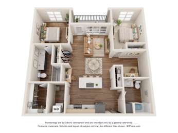 A 3D floor plan of a house layout.