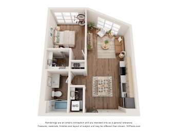 A 3D floor plan of a small apartment with a kitchen, living room, and bathroom.