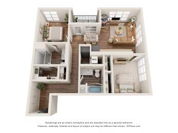 A 3D floor plan of a house with a kitchen, living room, and bathrooms.