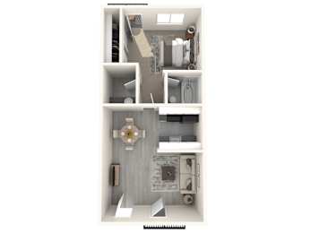 A 3D floor plan of a small apartment with a kitchen, living room, and bathroom.