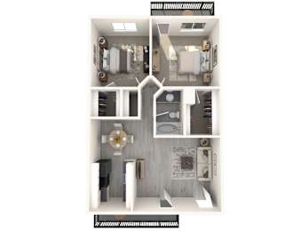 A 3D floor plan of a small apartment with a kitchen, living room, and bathroom.