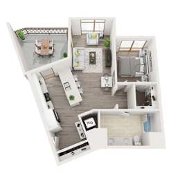 A top-down view of a small apartment with a living room, kitchen, and bedroom.