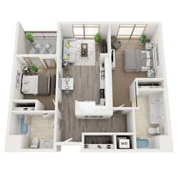 A top-down view of a small apartment with a kitchen, living room, and bathroom.