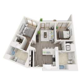 A 3D floor plan of a house with a kitchen, living room, and two bedrooms.