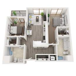 A top-down view of a small apartment layout with a kitchen, living room, and bathroom.