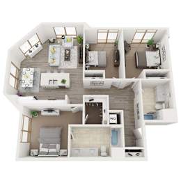A 3D floor plan of a house with labeled rooms.