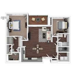 A floor plan of a small apartment with a kitchen, living room, and bedroom.