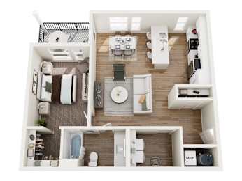 Floor Plan  A top down view of a modern apartment with a kitchen, living room, and bathroom.