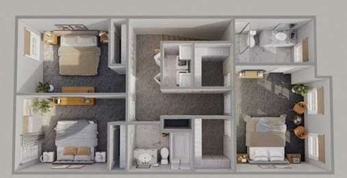 A 3D rendered image of a modern apartment layout.
