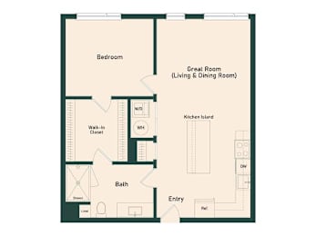 A floor plan of a house with a bedroom, bathroom, walk-in closet, and a great room that includes a kitchen island.