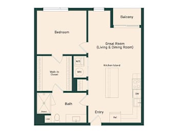 A floor plan of a home with a bedroom, bathroom, great room, and balcony.