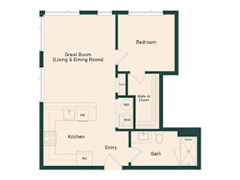 A floor plan of a house with a kitchen, bathroom, and bedroom.