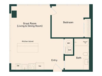 A floor plan of a room with a kitchen island, great room, bedroom, bath, and entry.
