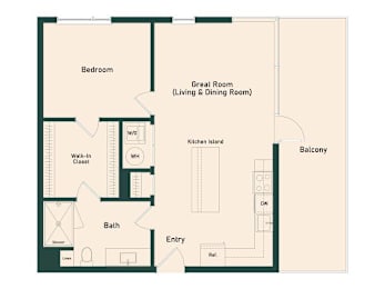 A floor plan of a house with a bedroom, bathroom, kitchen, and great room.