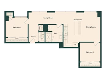 A floor plan of a house with two bedrooms, a living room, a dining room, a kitchen, an entry way, a bath, and a closet.