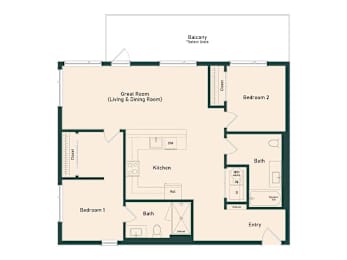 A floor plan of a house with two bedrooms, a living room, a kitchen, and two bathrooms.