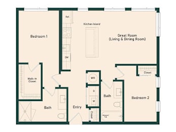 A floor plan of a small apartment with two bedrooms, a bathroom, a kitchen, and a great room.