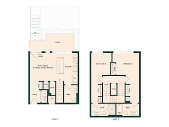 A floor plan of a two-story house with a living and dining room on the first floor and a bedroom and bathroom on the second floor.