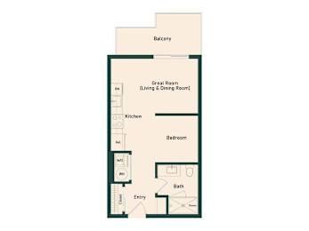 A floor plan of a small apartment with a balcony, living and dining room, kitchen, bedroom, bathroom, and entry.
