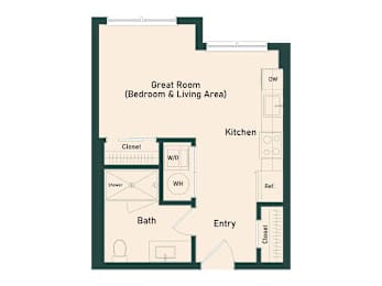 A floor plan of a house with a Great Room, Bath, Kitchen, and Entry.