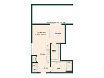 A floor plan of a house with a great room, kitchen, bath, and bedroom.