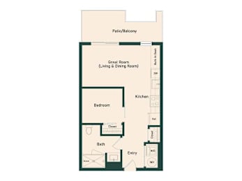 A floor plan of a house with a living room, bedroom, bathroom, and kitchen.