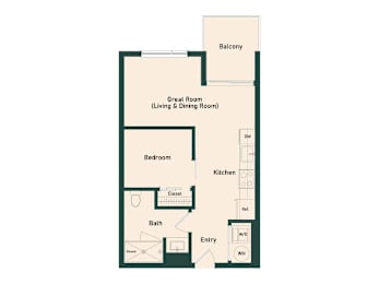 A floor plan of a house with a balcony, great room, kitchen, bath, and bedroom.