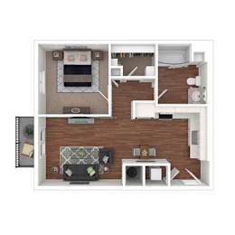 A floor plan of a house with a kitchen, living room, and bathroom.