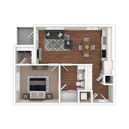A floor plan of a house with a living room, kitchen, and bathroom.