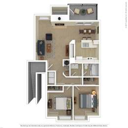 A floor plan of a two-bedroom apartment with a living room, kitchen, and bathroom.