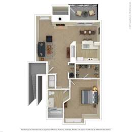 A floor plan of a house with a kitchen, living room, and two bedrooms.