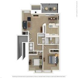 A floor plan of a house with a kitchen, living room, and two bedrooms.