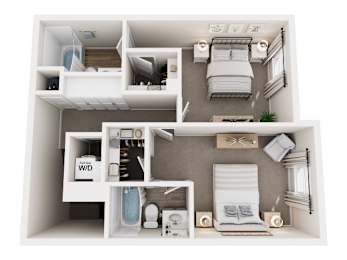 A 3D floor plan of a small apartment with a bedroom, living room, and bathroom.