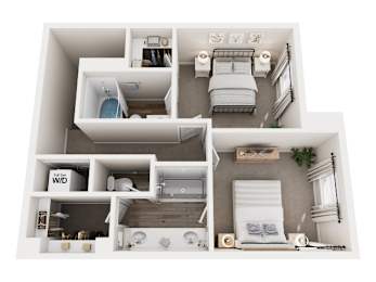 A 3D floor plan of a small apartment with a bedroom, living room, and bathroom.