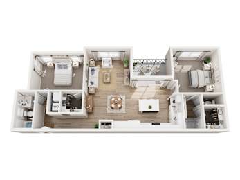 A floor plan of a house with a kitchen, living room, and two bedrooms.