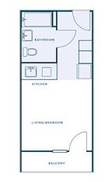A floor plan of a house with a bathroom, kitchen, living/bedroom, and balcony.